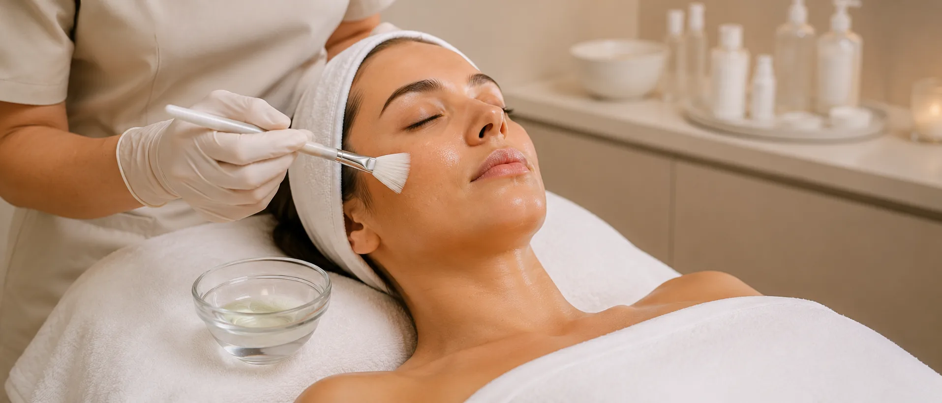 Comment se passe une séance de peeling : le peeling est appliqué au pinceau sur le visage d'une patiente allongée, la coupelle posée près d'elle, Clinique esthétique Mozart à Nice
