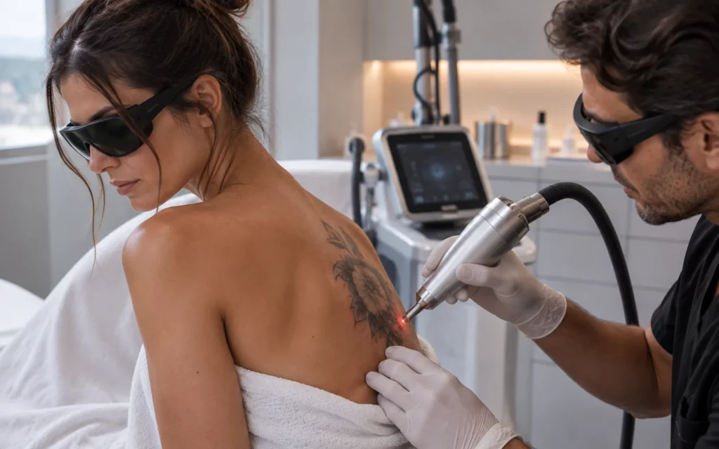 Séance de détatouage laser sur un tatouage floral du dos, patiente et médecin en lunettes de protection