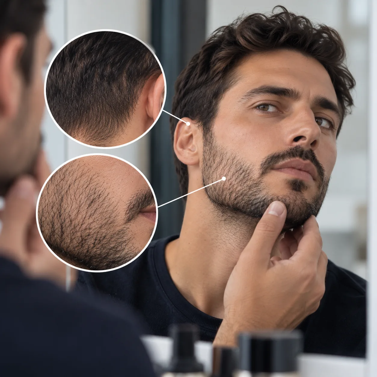 Deux détails côte à côte sur le visage d'un homme : les cheveux de l'arrière du crâne, et les poils de sa barbe