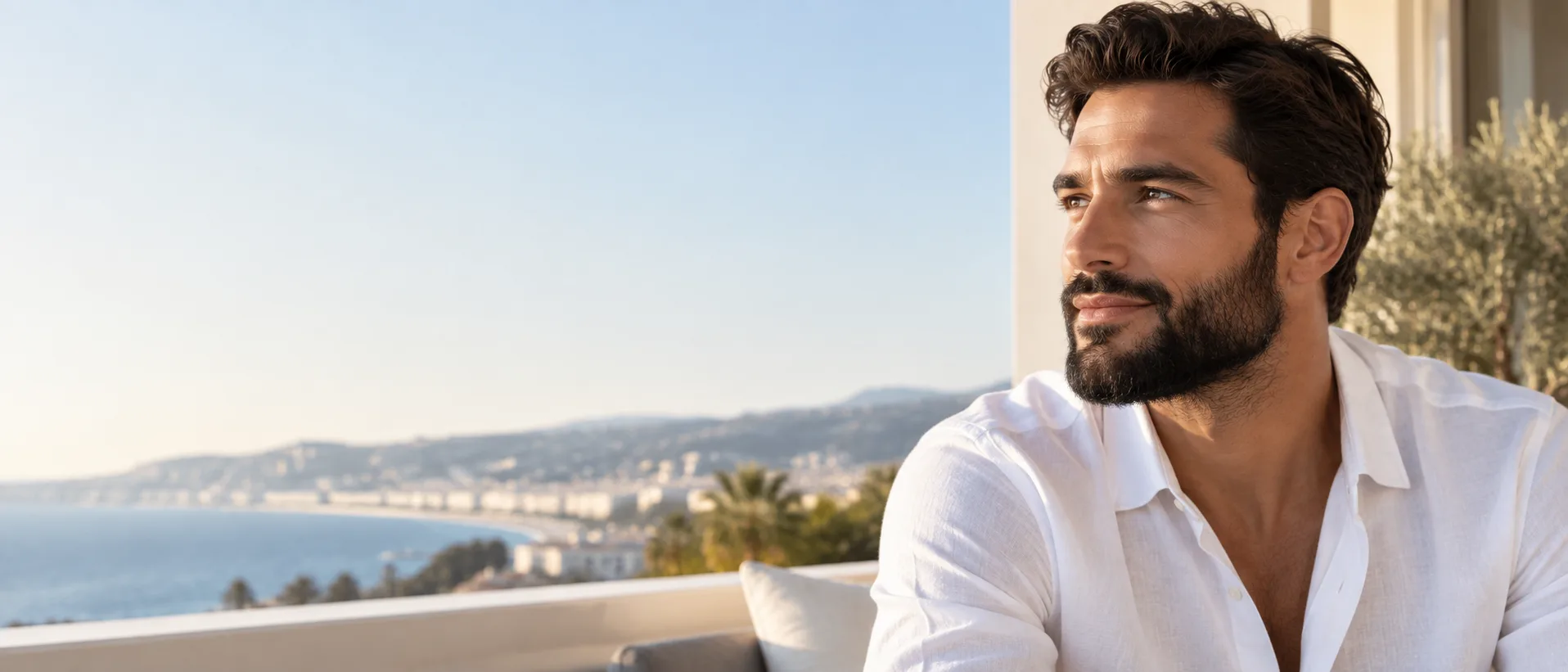 Un homme à la barbe fournie, en chemise blanche, sur une terrasse dominant la baie de Nice, Clinique esthétique Mozart