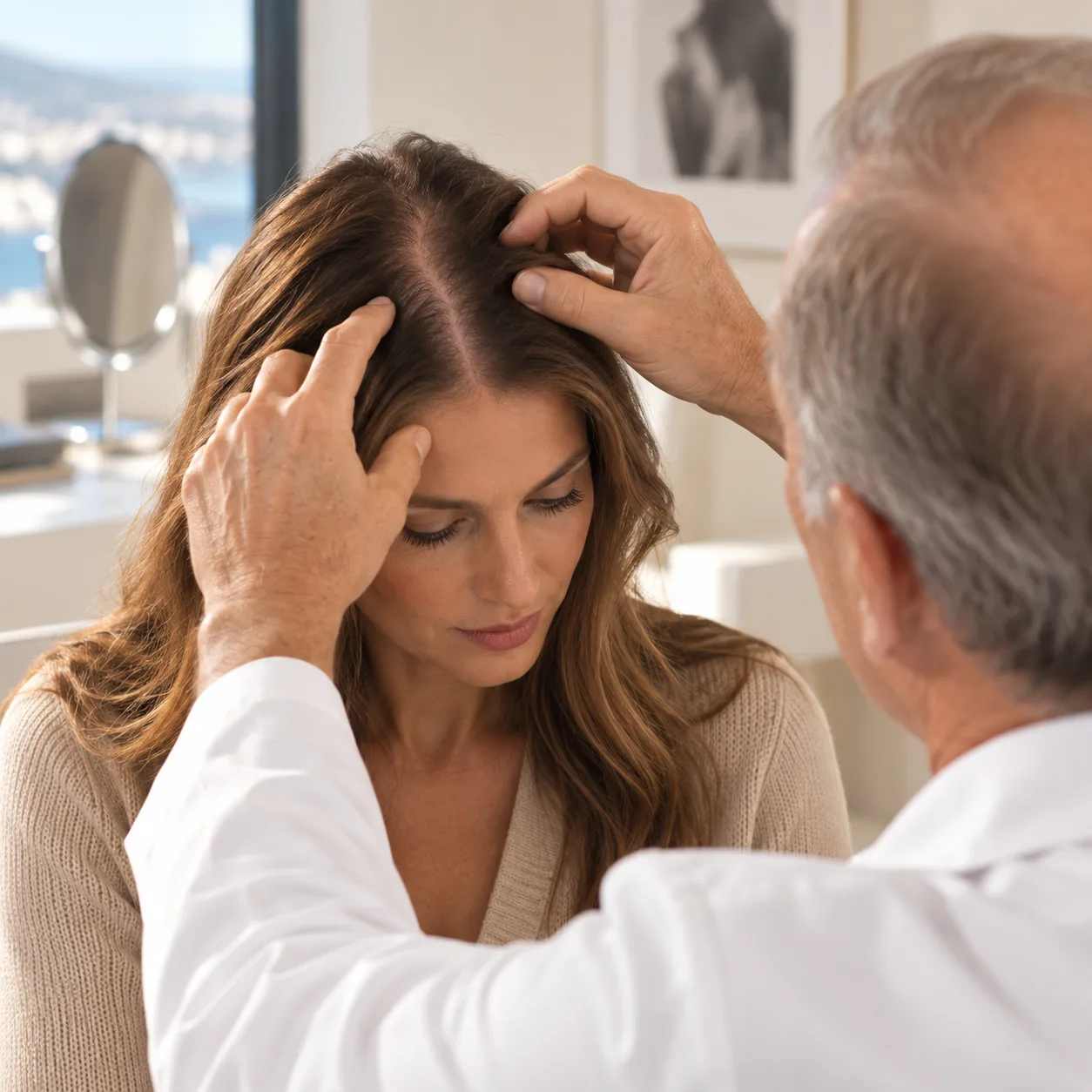 Examen de la raie et du dessus du crâne chez une femme lors d'une consultation capillaire, Clinique esthétique Mozart à Nice