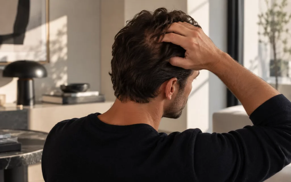 Homme de dos passant la main sur l'arrière du crâne, région de la zone donneuse