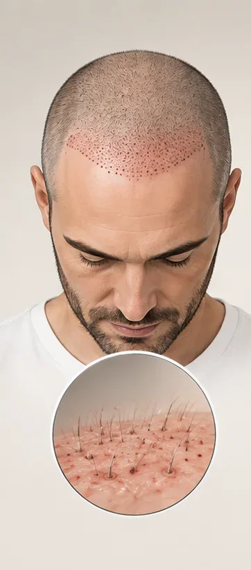 Le cuir chevelu juste après une greffe de cheveux, les greffons en place