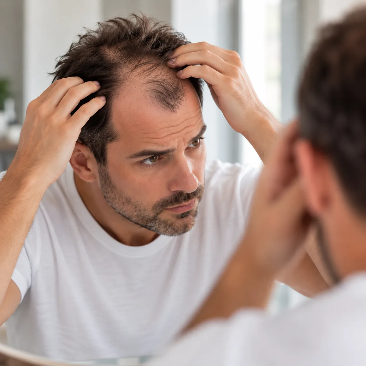Chute de cheveux définitive : un homme écarte ses cheveux devant son miroir et observe le sommet de son crâne dégarni, Clinique esthétique Mozart à Nice