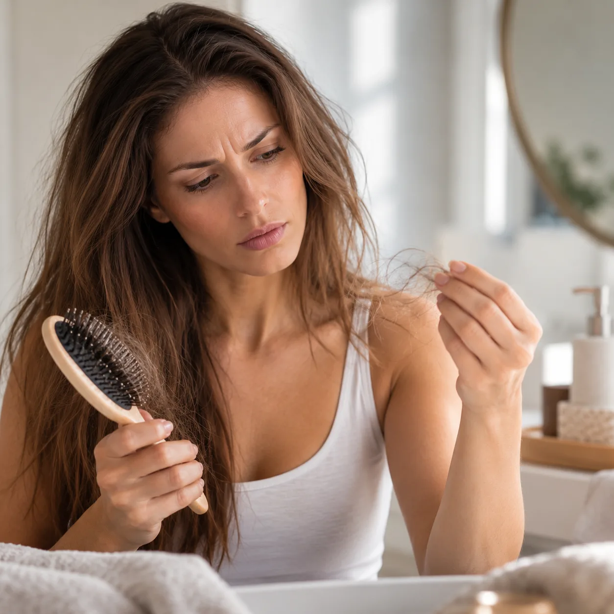 Chute de cheveux temporaire : une femme observe les cheveux restés sur sa brosse devant le miroir de sa salle de bains, Clinique esthétique Mozart à Nice