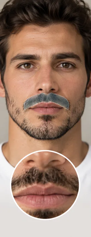 La zone de la moustache sur le visage d'un homme, avec un détail des poils