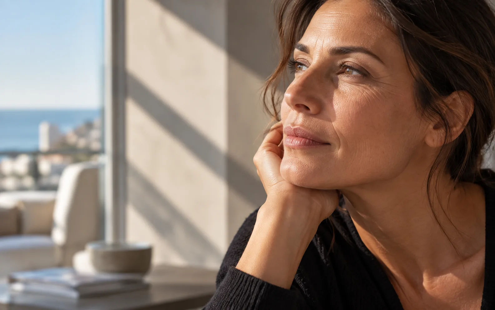 Visage de femme en lumière naturelle rasante, texture de la peau visible
