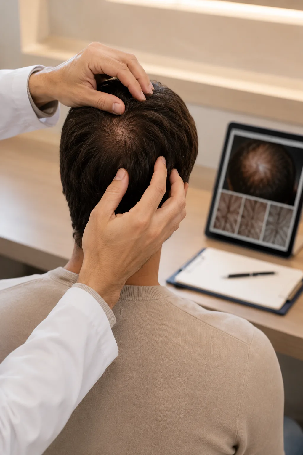Bilan capillaire à Nice : un médecin examine le cuir chevelu, analyse affichée à l'écran, Clinique esthétique Mozart