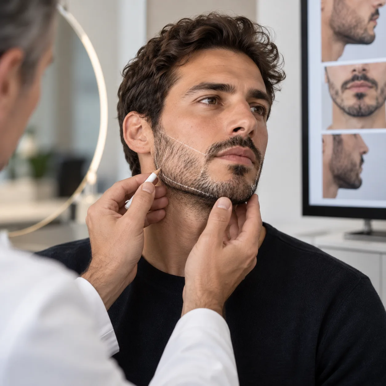 Le contour de la barbe tracé au crayon sur le visage d'un homme, lors de la consultation qui précède une greffe
