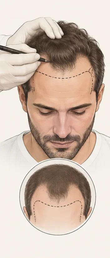 Le tracé de la zone à traiter sur le cuir chevelu, première étape d'une greffe de cheveux