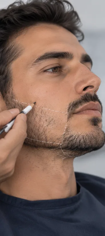 Le contour de la future barbe tracé au crayon sur le visage, au début de la séance