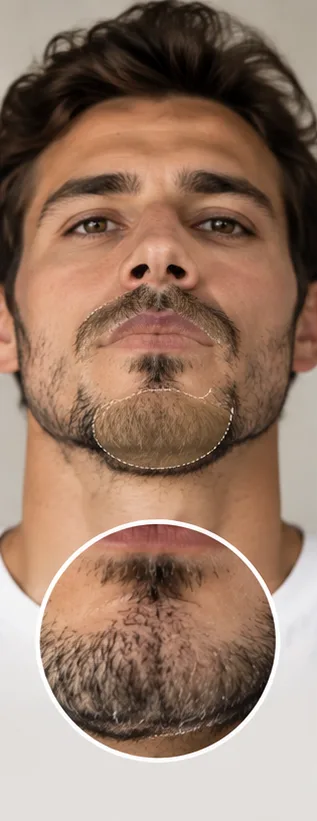 La zone du menton et du bouc sur le visage d'un homme, avec un détail de la barbe