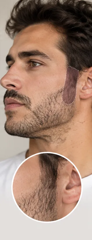 La zone des favoris devant l'oreille, avec un détail de leur jonction avec les cheveux