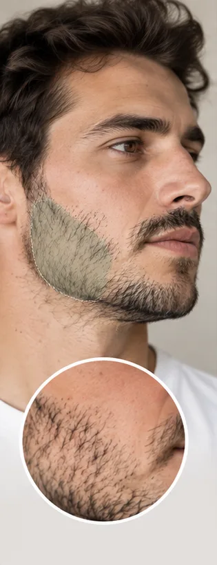 La zone des joues sur le visage d'un homme, avec un détail de la barbe clairsemée