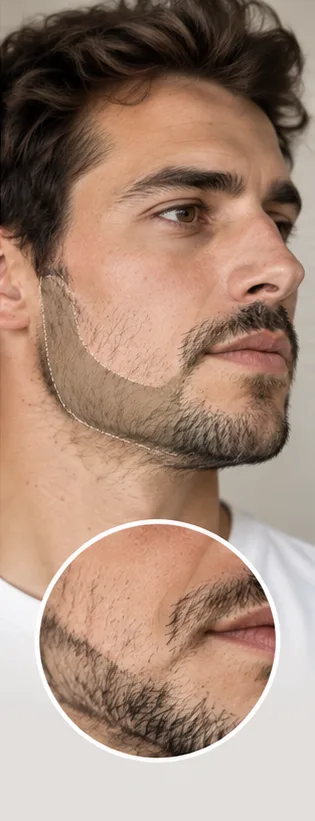 Les zones de raccord le long de la mâchoire, avec un détail de la continuité des poils