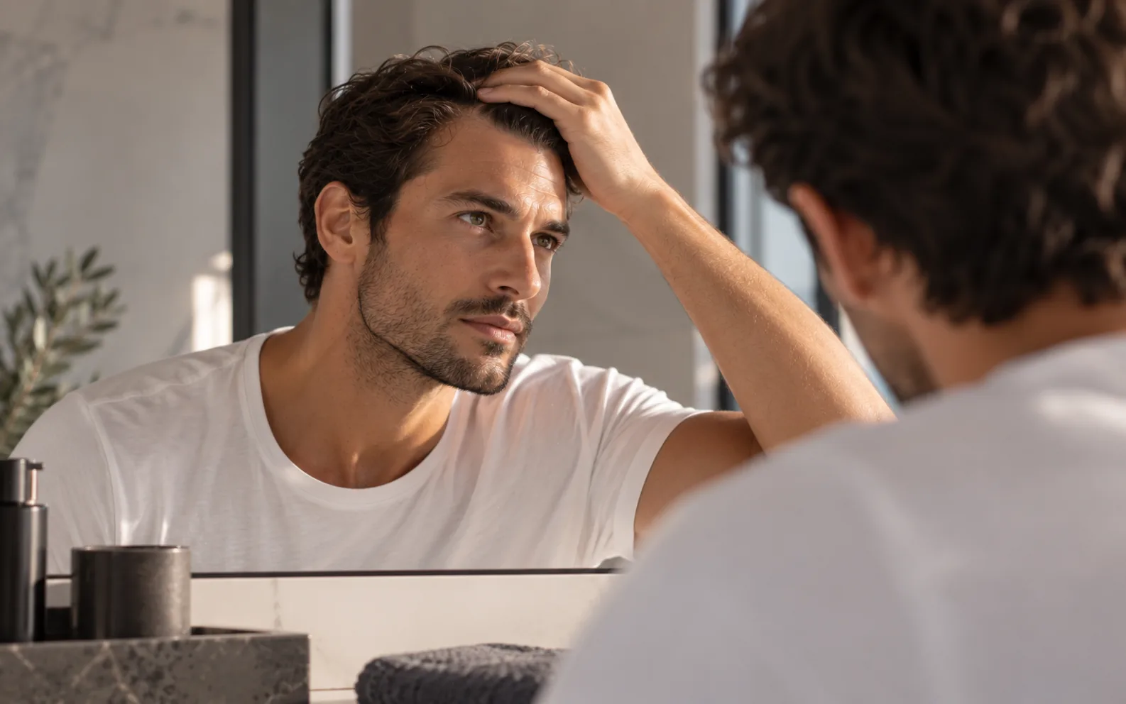 Homme devant un miroir, main relevant ses cheveux pour observer sa ligne frontale