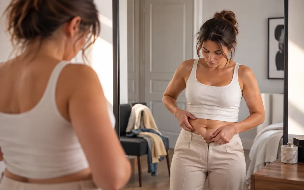 Femme devant un miroir observant son ventre, Clinique esthétique Mozart à Nice