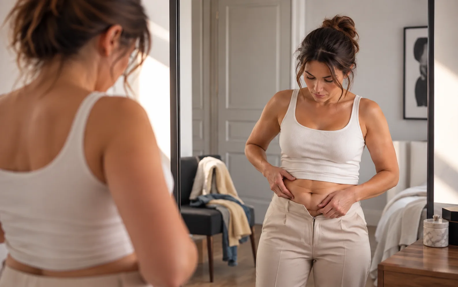 Femme devant un miroir observant son ventre, dans un intérieur clair