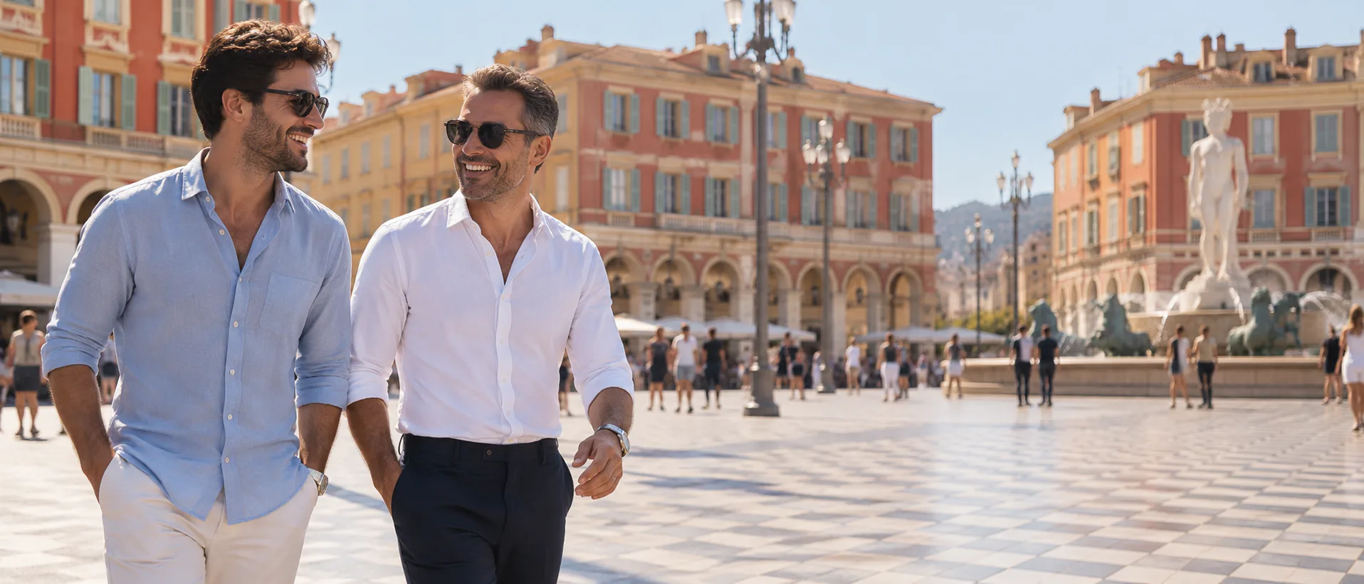 Où consulter pour une chute de cheveux à Nice : la place Masséna, ses façades ocre et la fontaine du Soleil