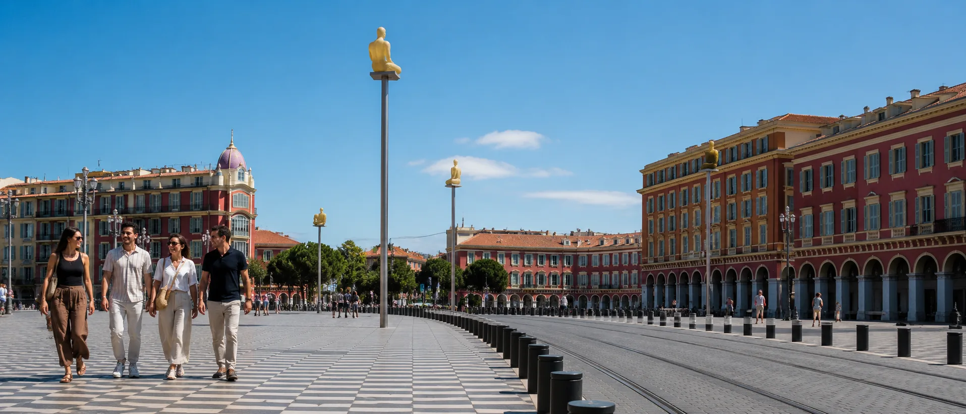La place Masséna au soleil, ses façades rouges et ses arcades, Clinique esthétique Mozart