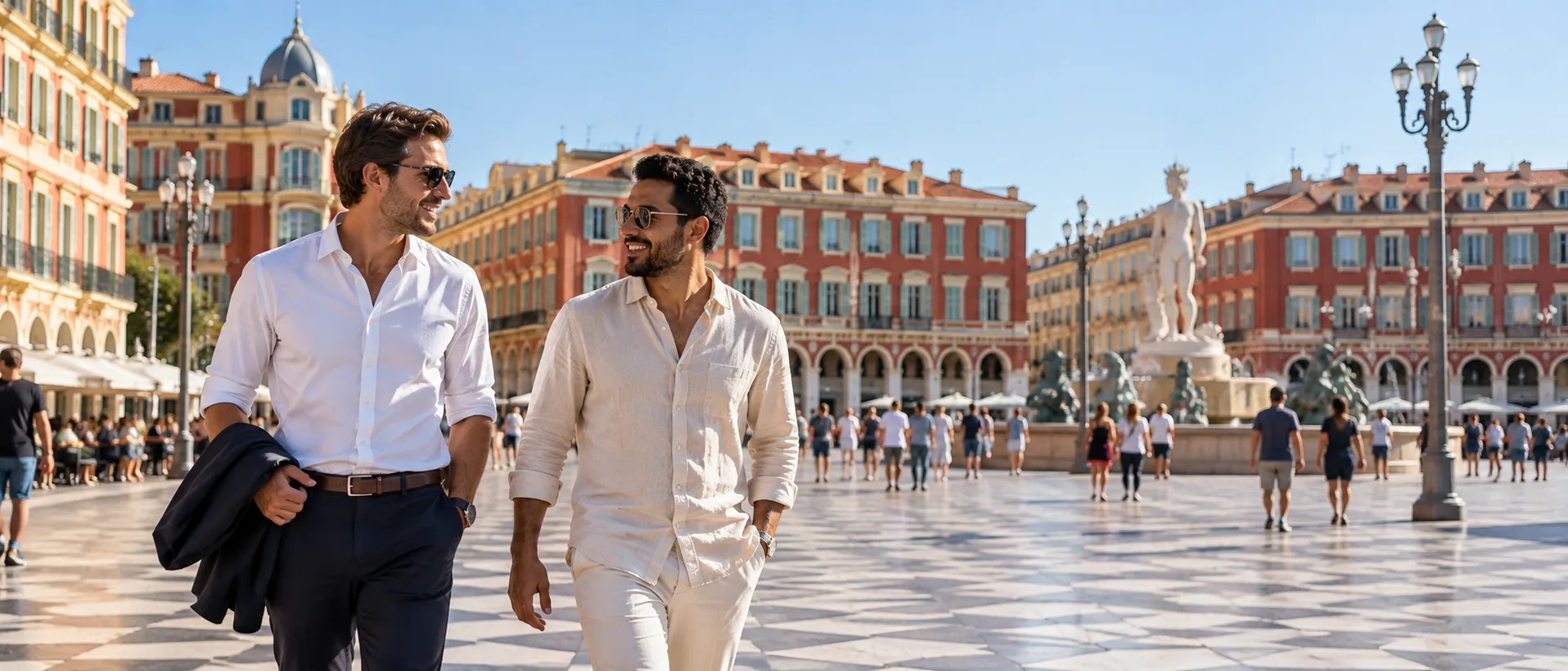 Deux hommes marchent sur le dallage clair de la place Masséna à Nice, devant les façades ocre et la fontaine du Soleil