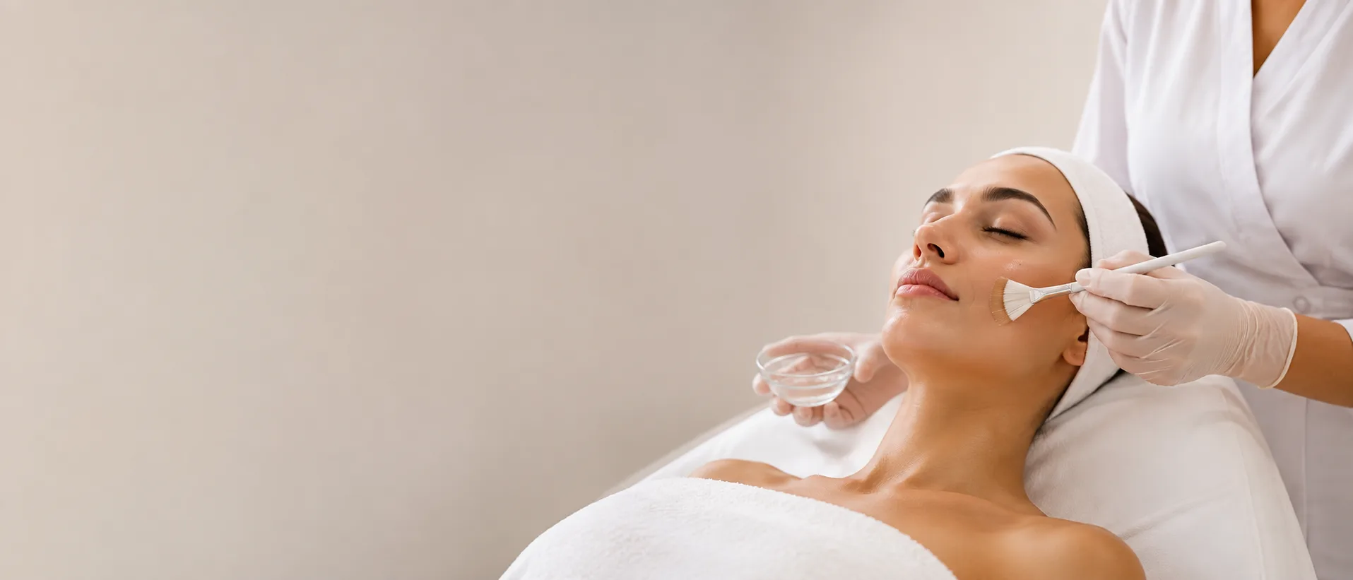 Peeling du visage à Nice : une solution de peeling appliquée au pinceau sur la joue d'une patiente allongée, Clinique esthétique Mozart