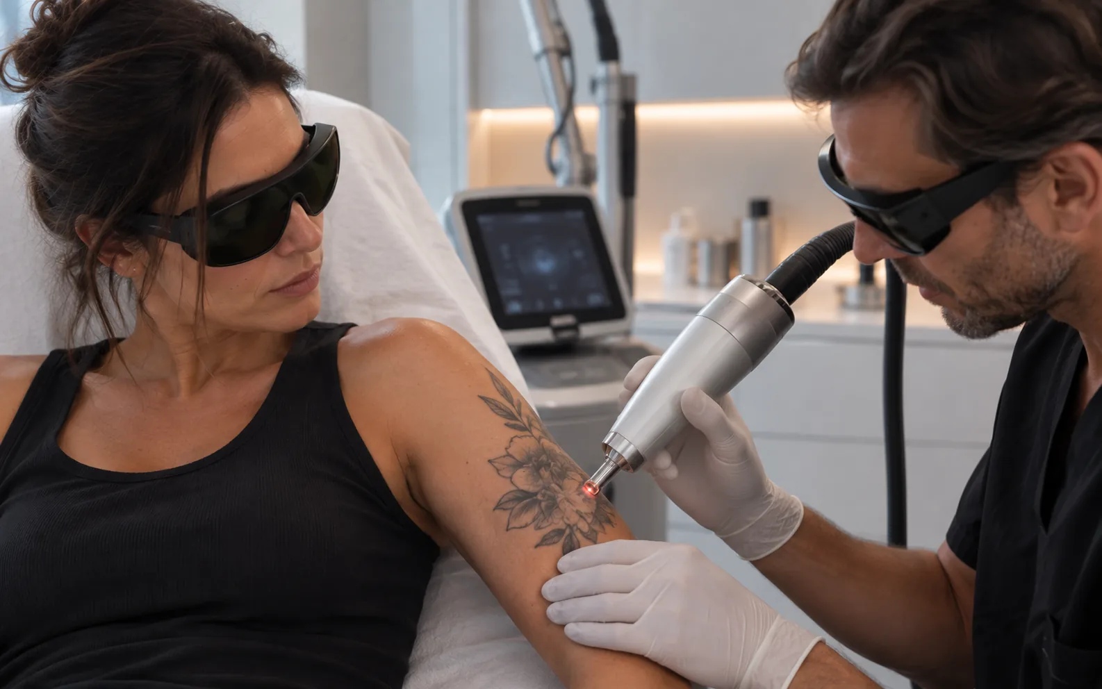 Pièce à main de laser picoseconde appliquée sur un tatouage noir du bras
