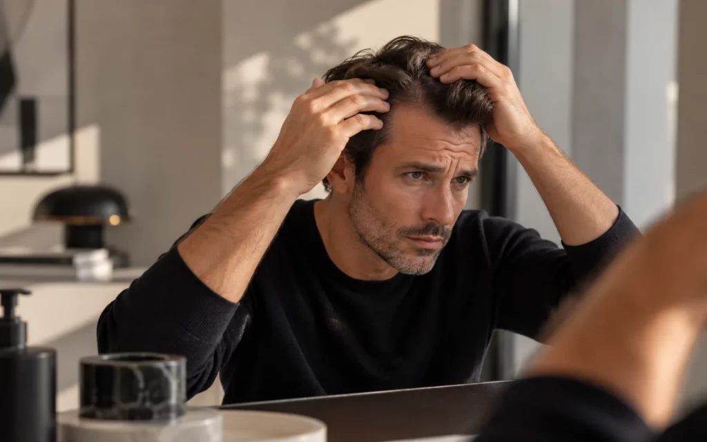 Homme examinant sa ligne frontale devant un miroir