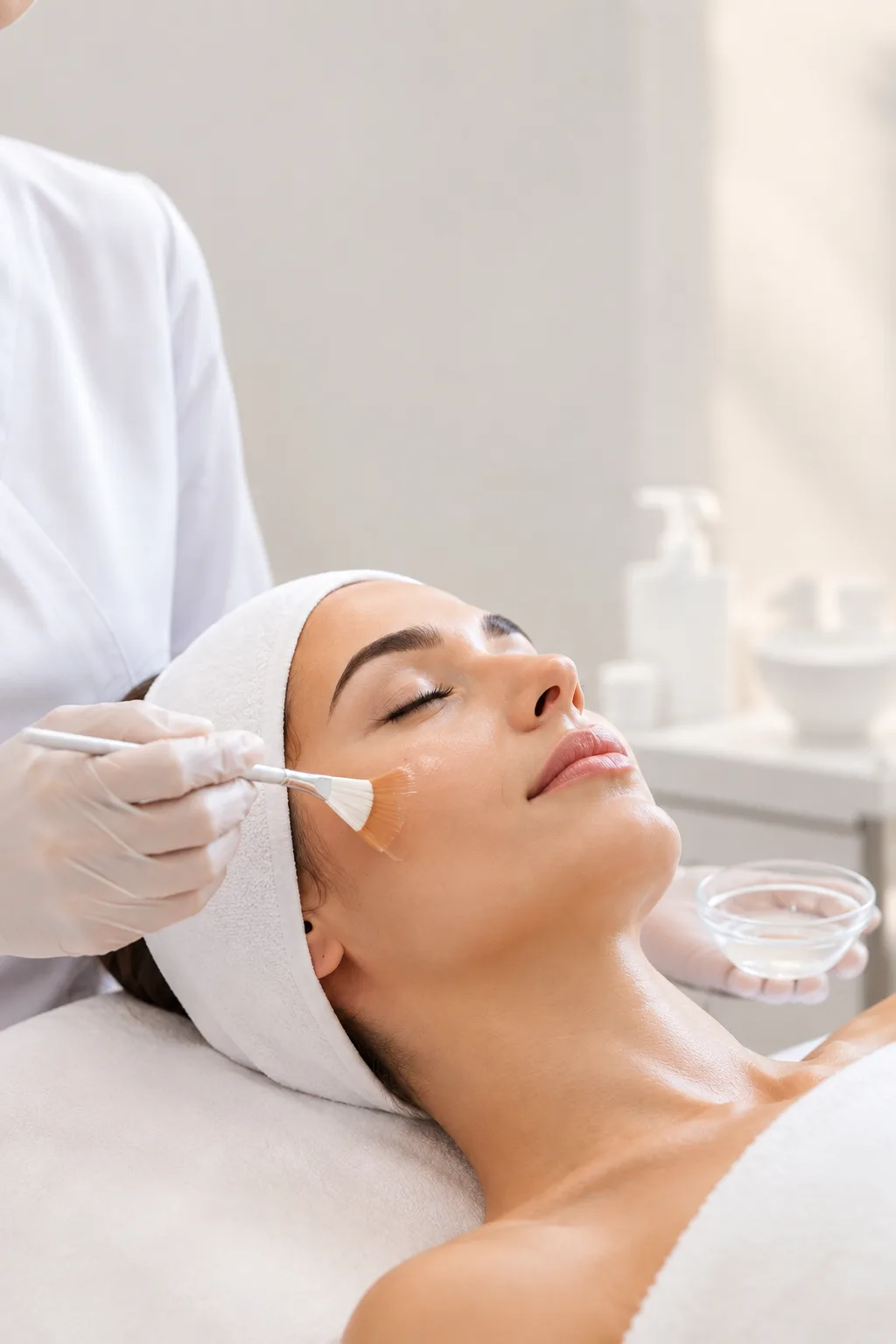 Qu'est-ce qu'un peeling médical : une solution de peeling appliquée au pinceau sur la joue d'une patiente, Clinique esthétique Mozart à Nice