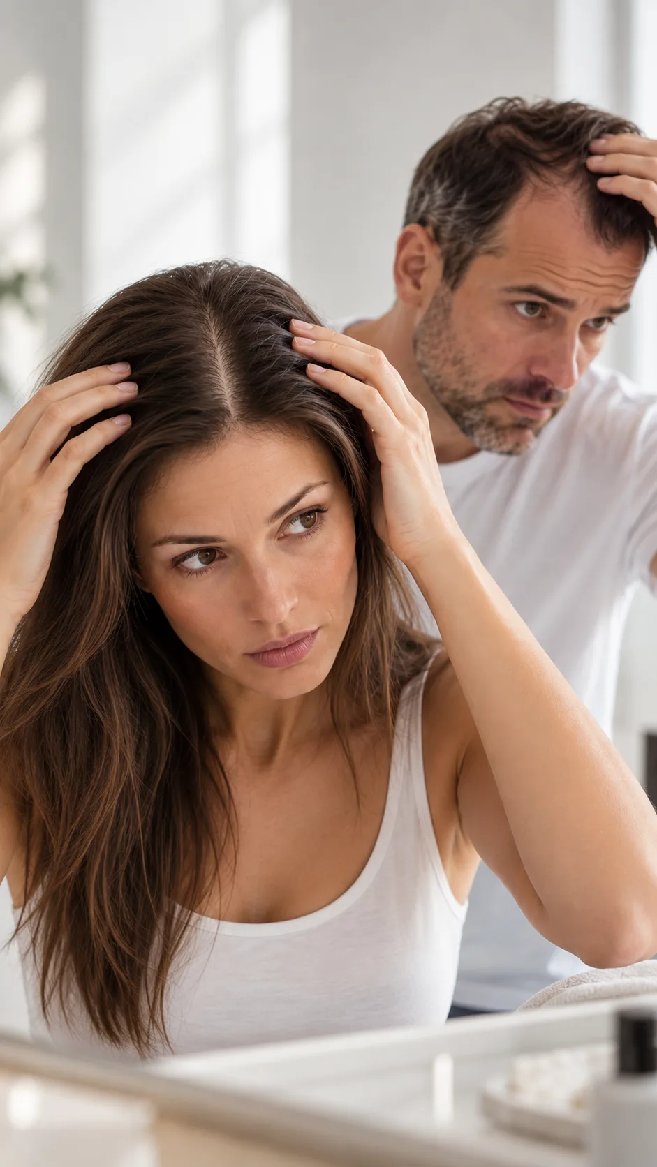 Qu'est-ce que la chute de cheveux : une femme écarte sa raie et un homme observe le sommet de son crâne devant un miroir, Clinique esthétique Mozart à Nice