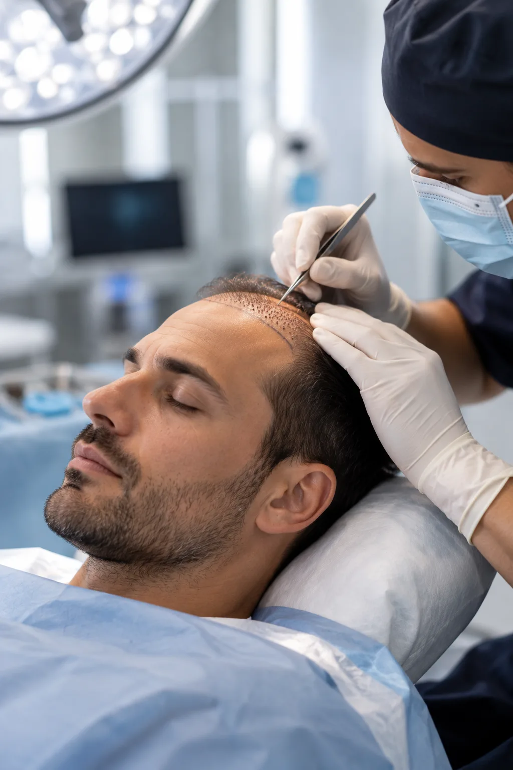 Greffe de cheveux : implantation de greffons à la pince sur la ligne frontale, au bloc opératoire, Clinique esthétique Mozart à Nice