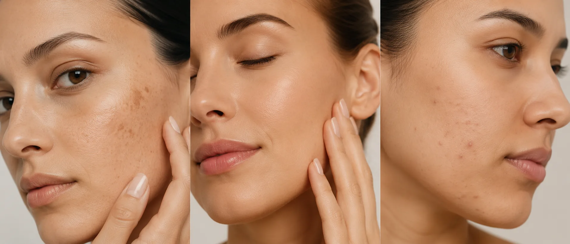 Les trois familles d'indications du peeling superficiel : des taches brunes sur la joue, une peau au teint lumineux, des imperfections d'acné, Clinique esthétique Mozart à Nice