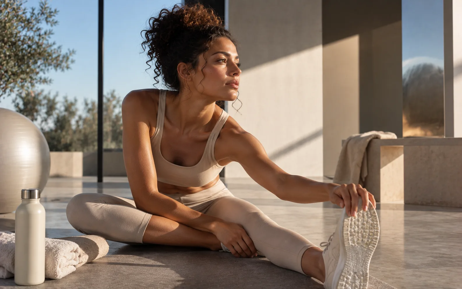 Femme en tenue de sport sur une terrasse, bras tendu vers son pied, aisselles et jambes rasées