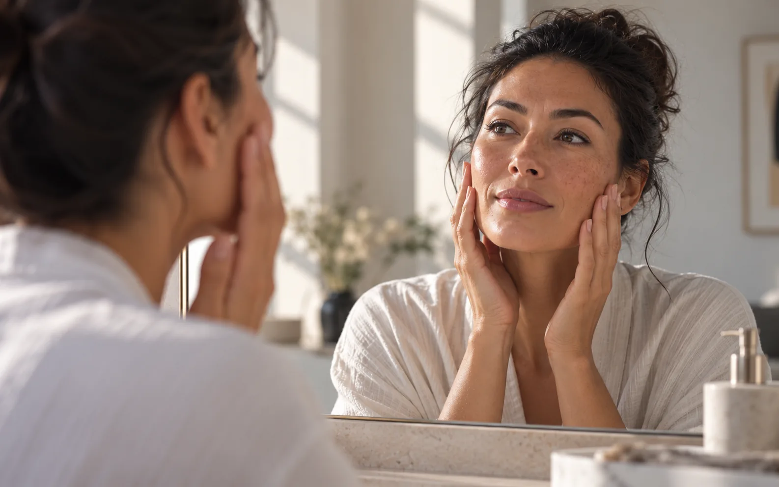 Femme brune en peignoir clair, face au miroir d’une salle de bain lumineuse, les mains posées sur les joues