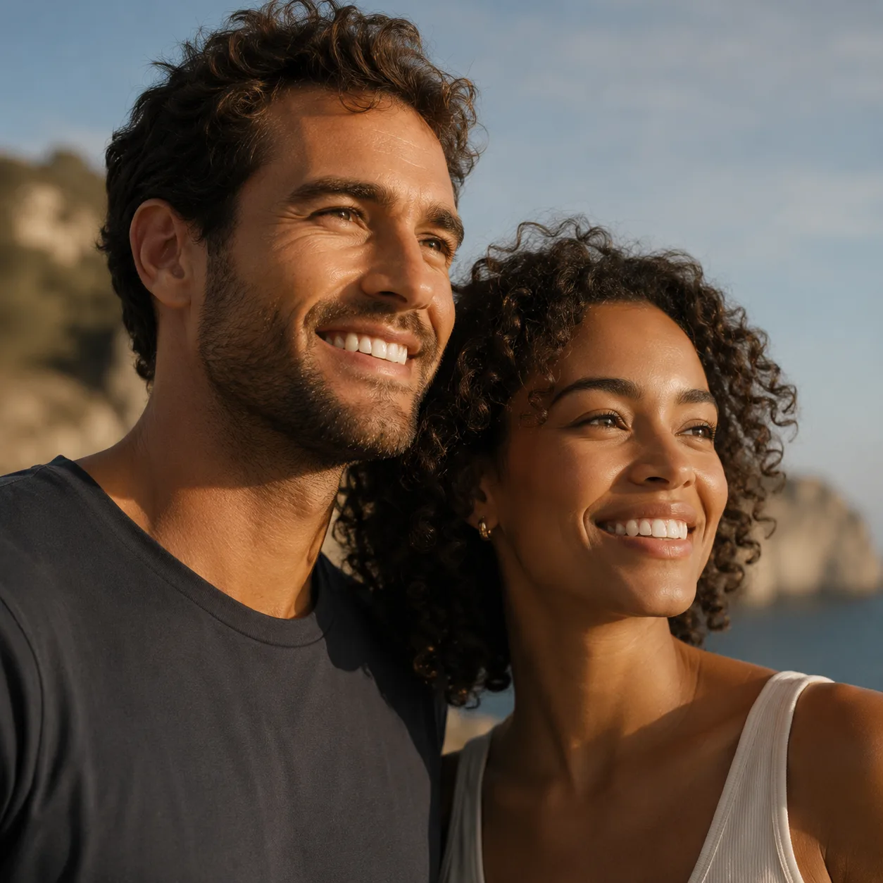 Tarif d'un peeling à Nice : un couple souriant au bord de mer sur la Côte d'Azur, Clinique esthétique Mozart