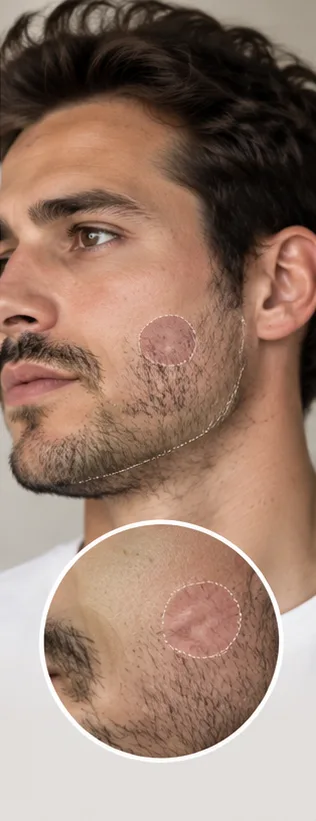 Une cicatrice au milieu de la barbe sur la joue, avec un détail de la zone sans poils