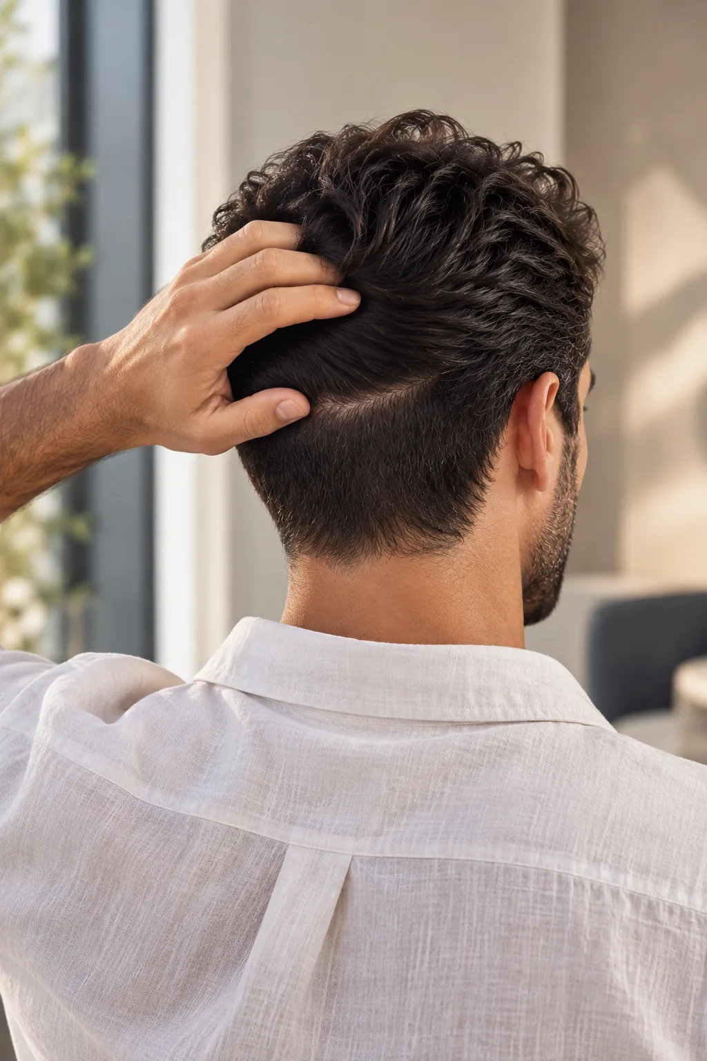 Un homme de dos écartant ses cheveux à l'arrière du crâne, zone donneuse d'une greffe de cheveux, Clinique esthétique Mozart à Nice